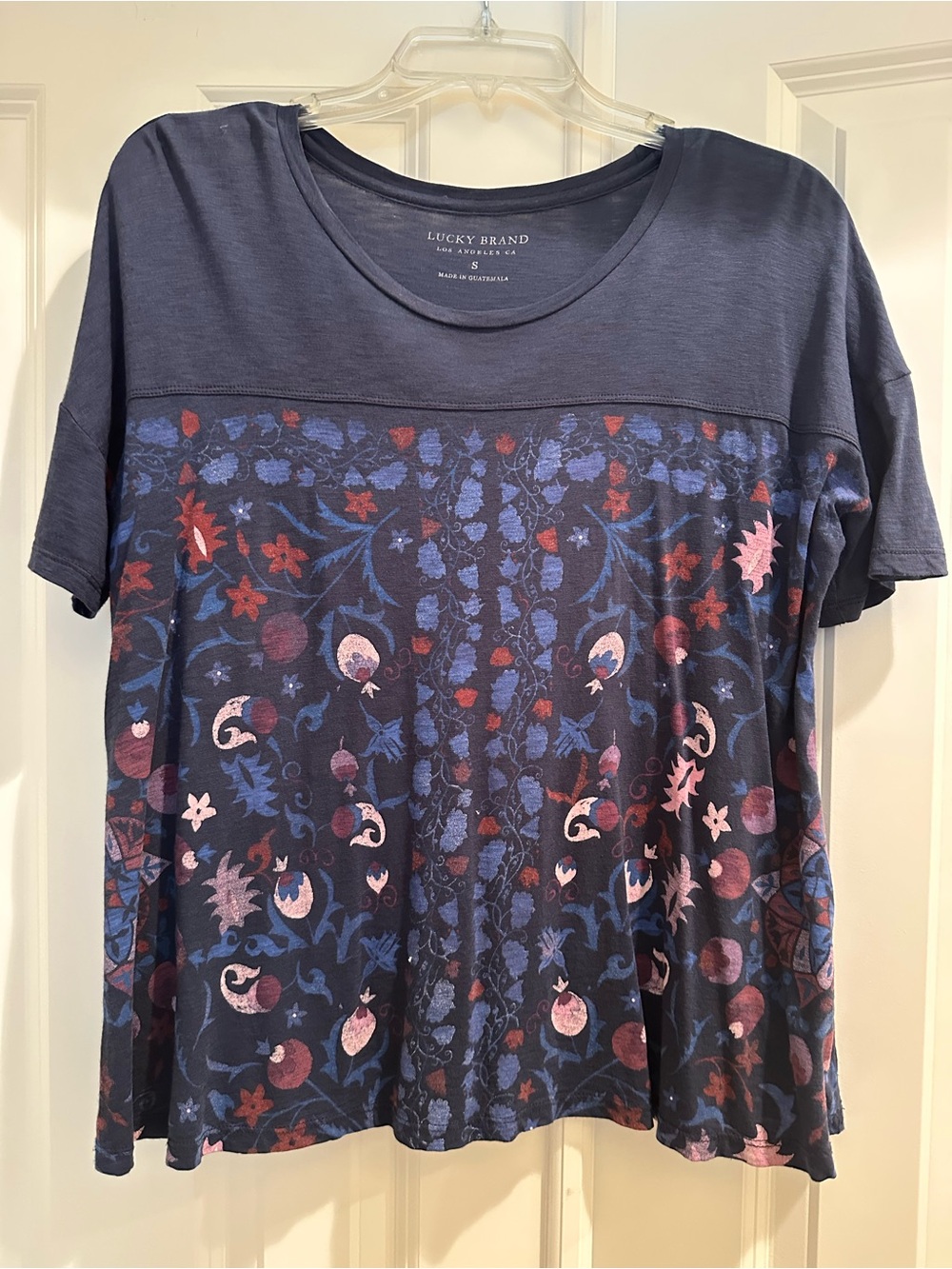 Lucky Brand Navy Floral Print Short Sleeve Tee with Pink & Red Accents
